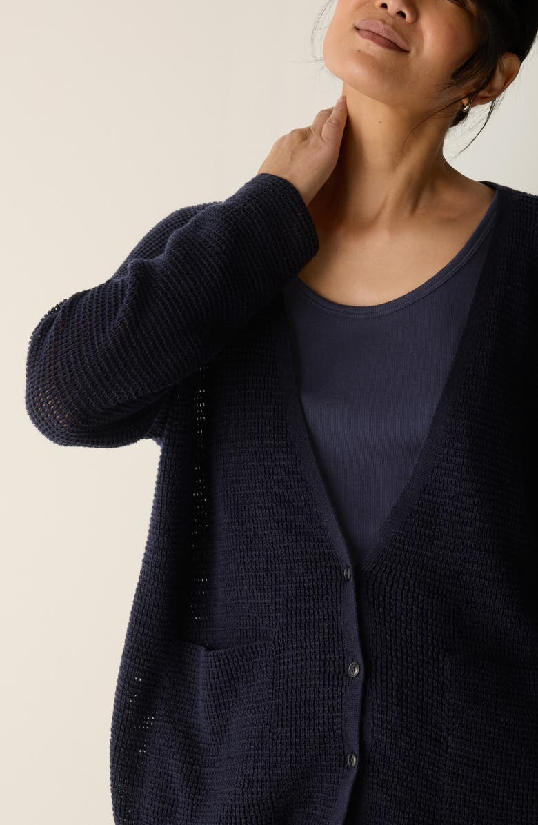 Eileen Fisher Open Stitch Organic Cotton Blend V-Neck Cardigan, Alternate, color, Ink