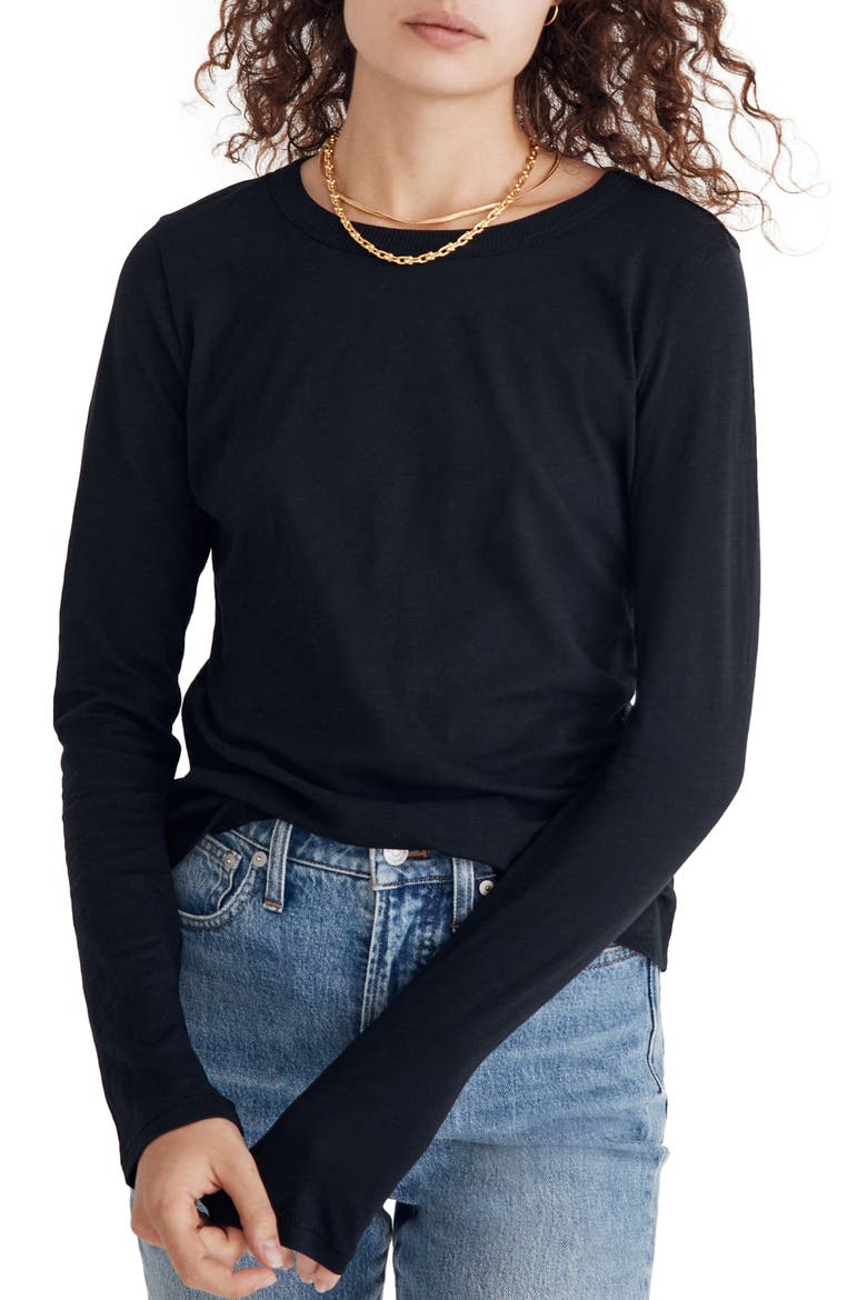 Whisper Cotton Rib Crewneck Long Sleeve T-Shirt, Main, color, TRUE BLACK