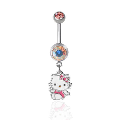 Hello Kitty Stainless Steel Light Rose Crystal Belly Button Ring In Metallic