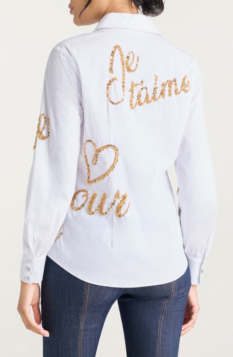 Cinq à Sept Love Letter Crushed Sequin Button-Up Shirt, Alternate, color, White/ Gold