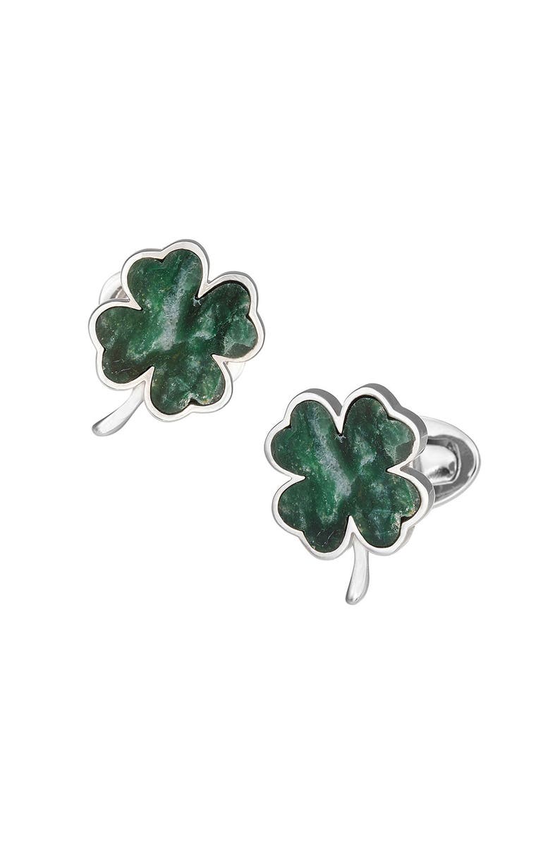 Jan Leslie Four Leaf Clover Green Onyx Sterling Cufflinks, Main, color, Green