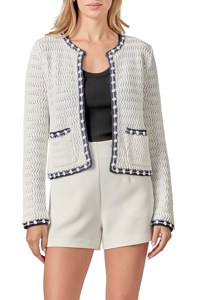 Crochet Cardigan, Main, color, WHITE/ NAVY
