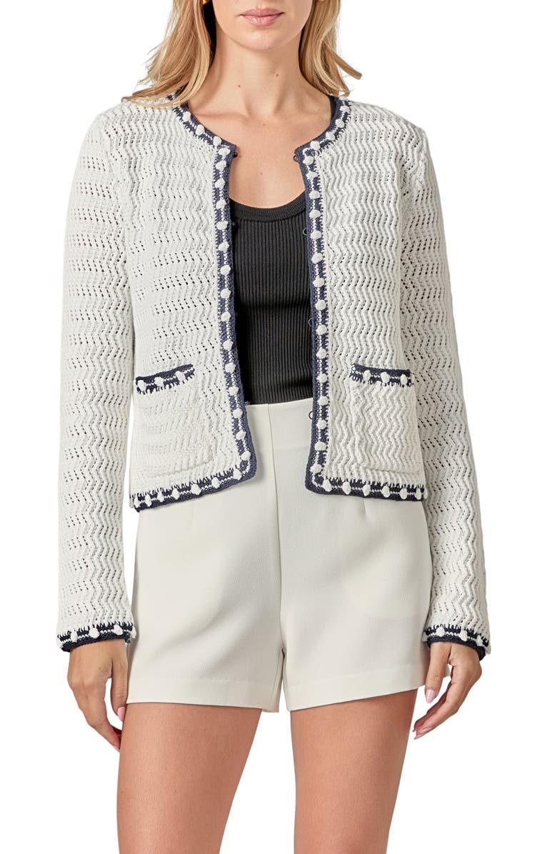 English Factory Crochet Cardigan, Main, color, White/ Navy