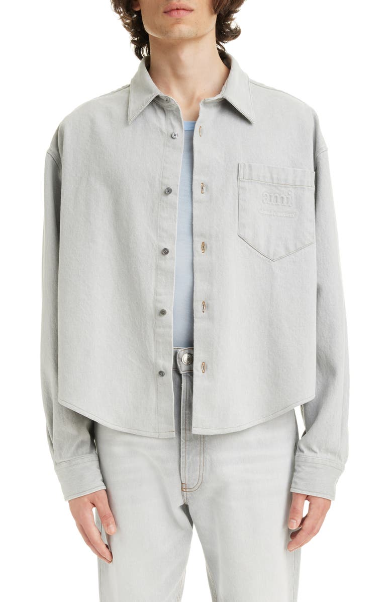 AMI PARIS Logo Embossed Denim Button-Up Shirt, Main, color, 