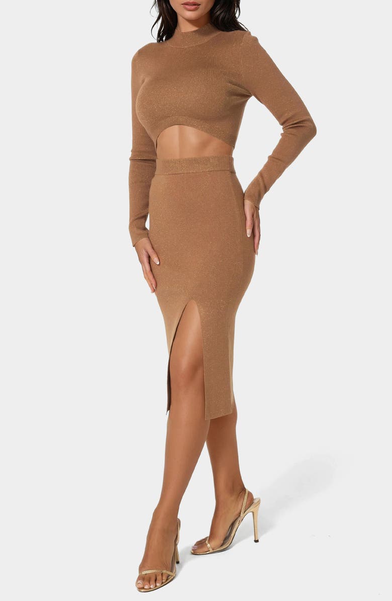 bebe Lurex Rib Knit Long Sleeve Top & Skirt Set, Alternate, color, Caramel