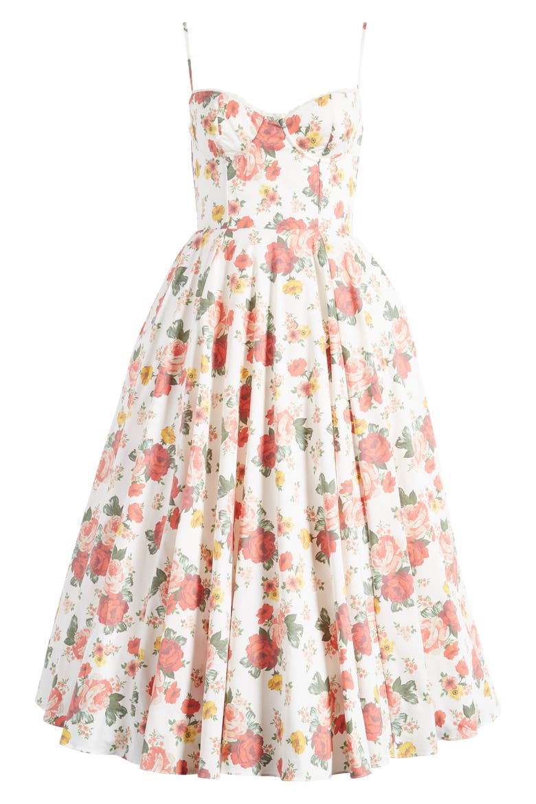 Mademoiselle Bustier Stretch Satin Midi Dress, Alternate, color, ROSE PRINT