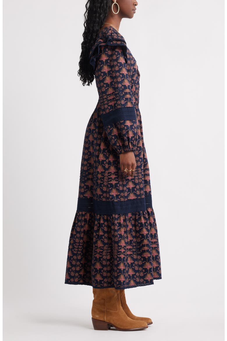 Double Ruffle Long Sleeve Maxi Dress, Alternate, color, NAVY- PINK PALM GEO
