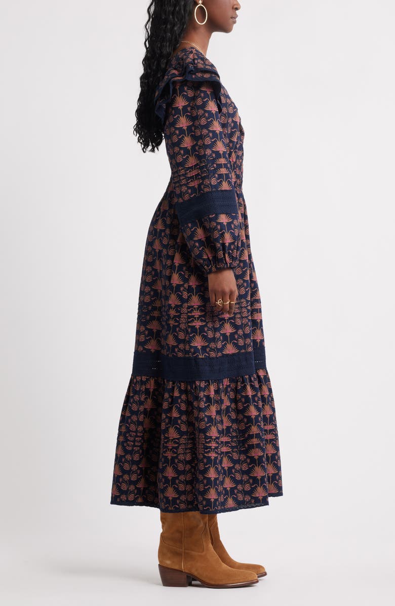 Treasure & Bond Double Ruffle Long Sleeve Maxi Dress, Alternate, color, Navy- Pink Palm Geo