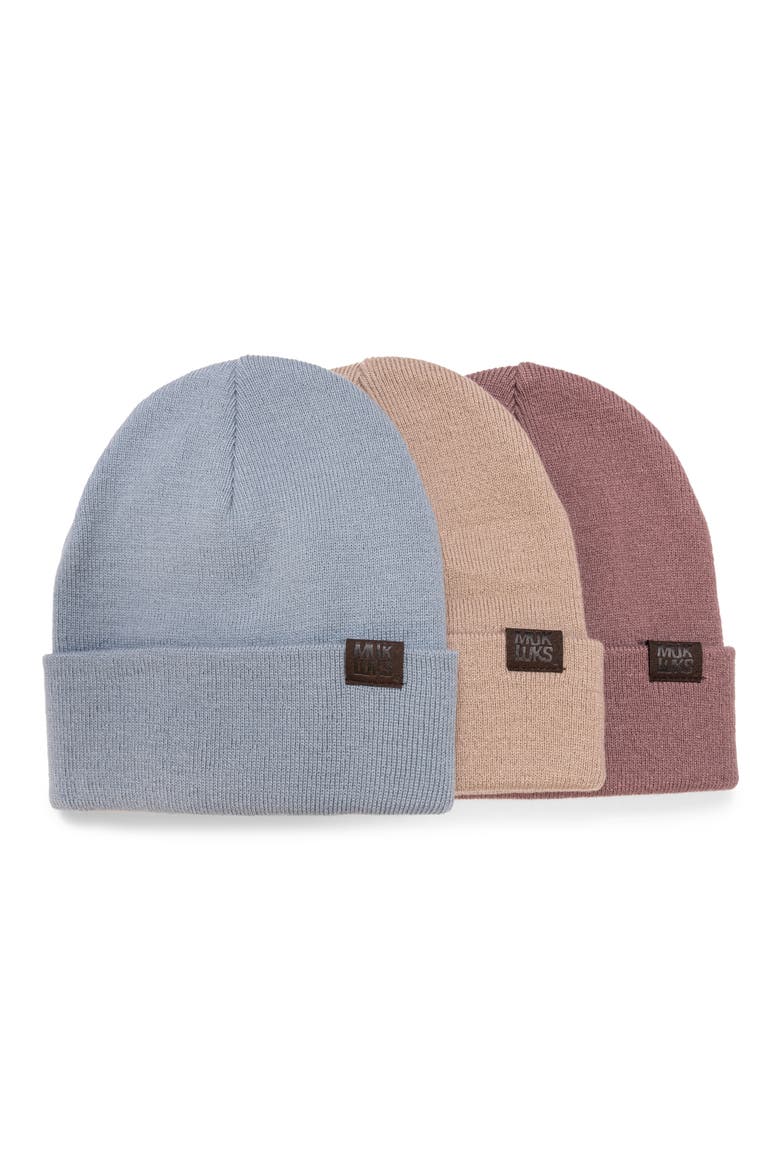 3-Pack Knit Beanies, Main, color, GREY/ BEIGE/ BURGUNDY