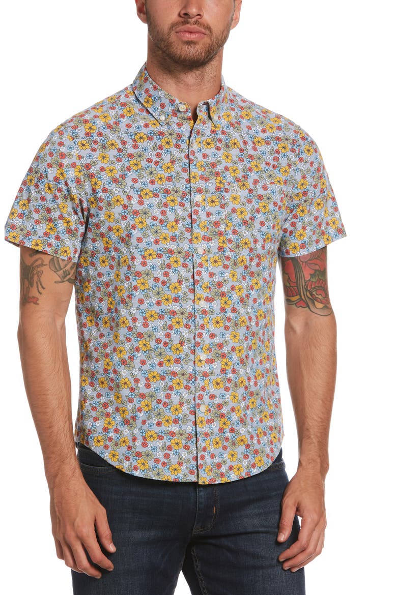 Floral Short Sleeve Button-Down Shirt, Main, color, FADED DENIM