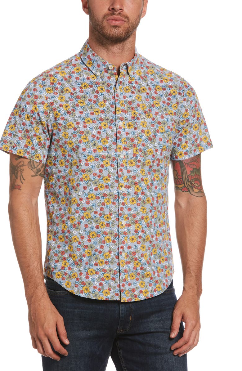 Original Penguin Floral Short Sleeve Button-Down Shirt, Main, color,