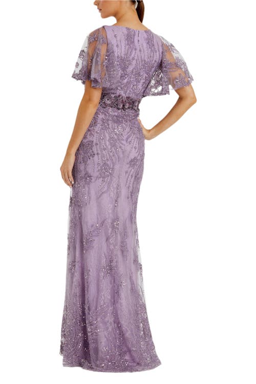 Mac Duggal Vintage Flutter Sleeve Evening Gown In Vintage Lilac
