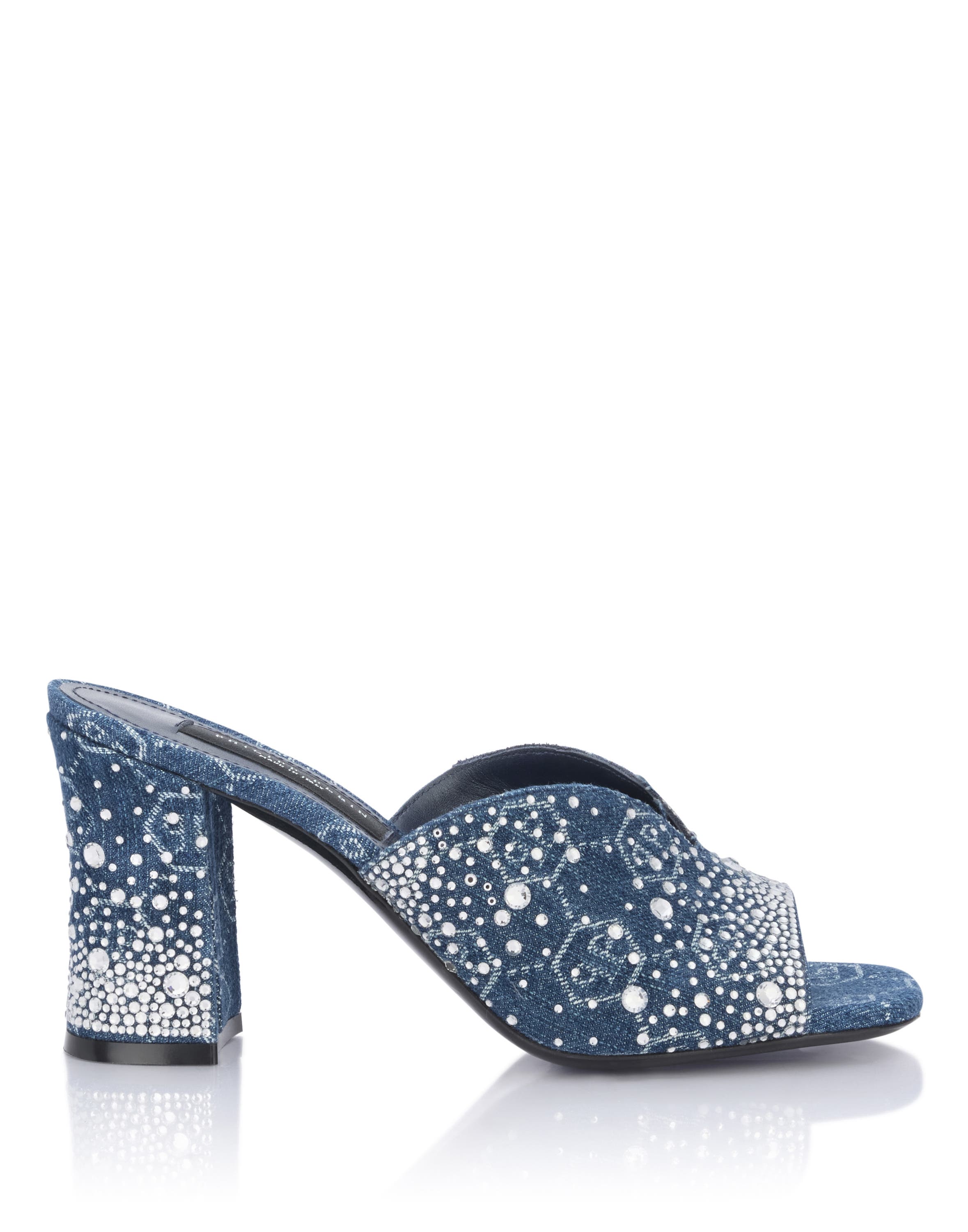 PHILIPP PLEIN Denim Mid Heels Platform Sandals Monogram Strass Women, Alternate, color, Lightblue