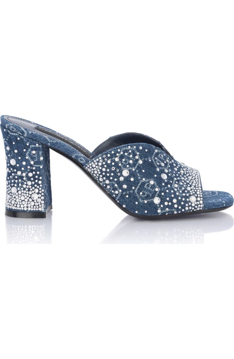 PHILIPP PLEIN Denim Mid Heels Platform Sandals Monogram Strass Women, Alternate, color, Lightblue