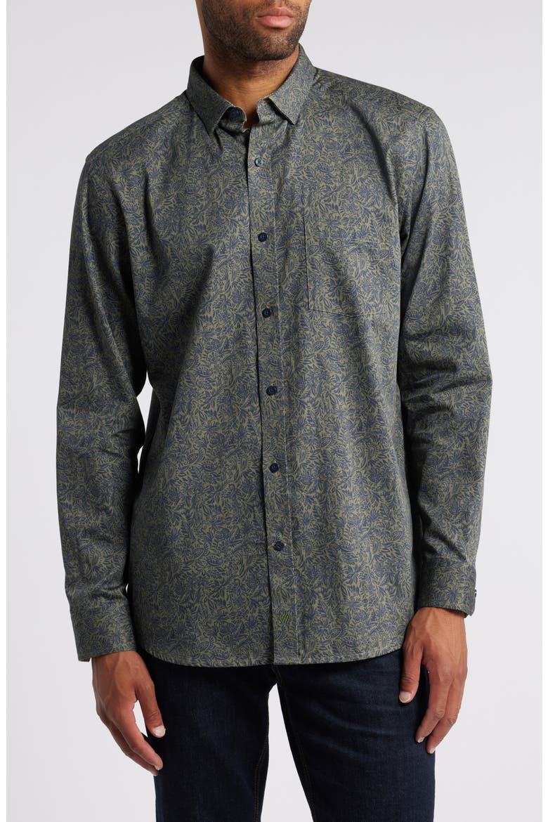Foliage Print Button-Up Shirt, Main, color, OLIVE
