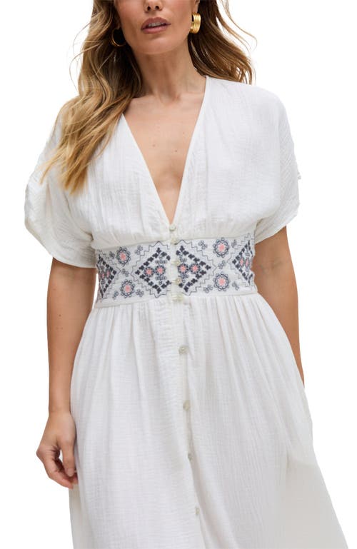 Raffya Sally Ann Button Down Embroidery Maxi Dress In White