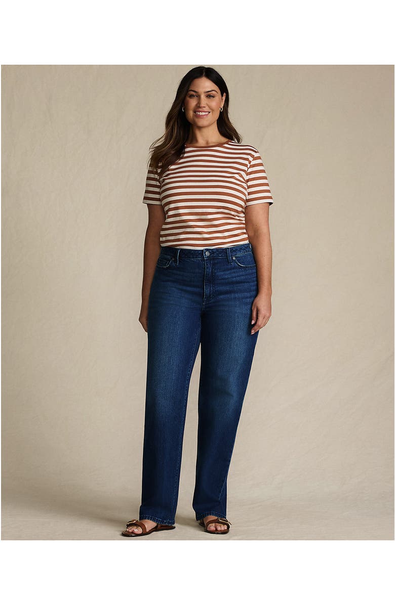 Lands' End Plus Size Soft Denim Mid Rise Relaxed Straight Leg Embroidered Jeans, Alternate, color, Dark Indigo Blue Wash