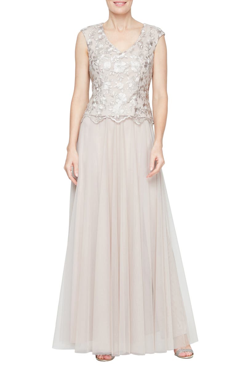 Alex Evenings Embroidered Cap Sleeve Mock Evening Dress, Main, color, Taupe