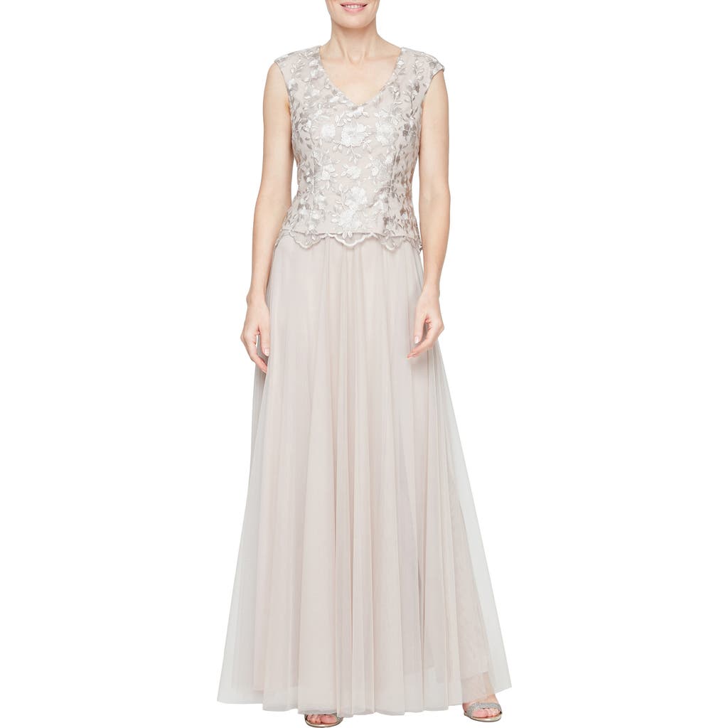 Alex Evenings Petite Long V-neck Embroidered A-line Dress In Taupe