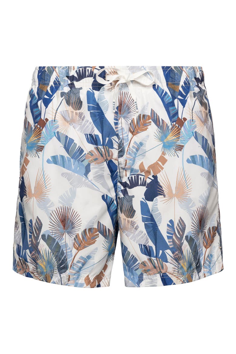 Leaf Print Swim Trunks, Main, color, MEDIUM BLUE