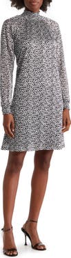 Nina Leonard Smock Neck Float Foiled Print Trapeze Cocktail Dress