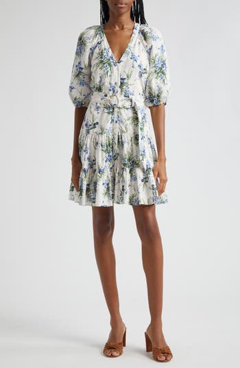 Veronica Beard Dewey Belted Floral-print Cotton-gauze Mini Dress In Off White Multi