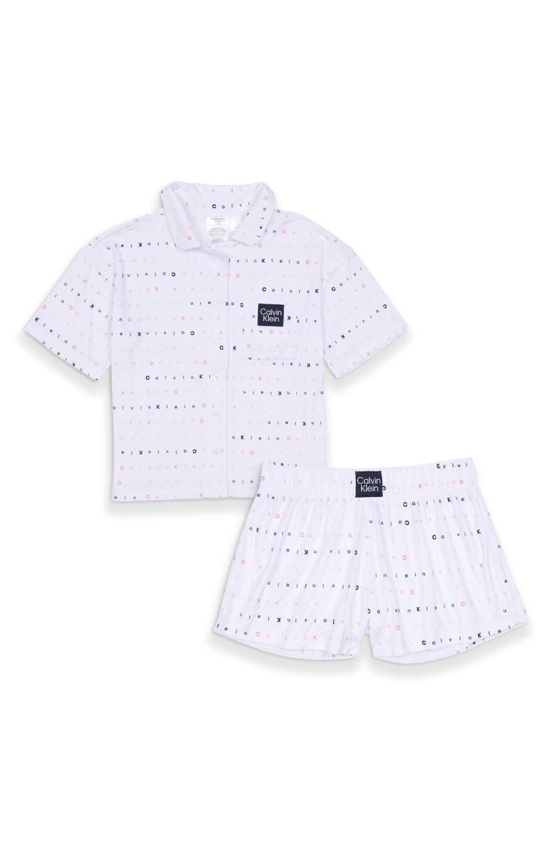 Calvin Klein Kids' Logo Print Two-Piece Pajamas, Main, color, White Ck Scramble