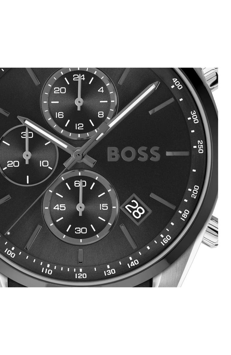 BOSS Grand Prix Leather Strap Watch, 44.5mm, Alternate, color, Black