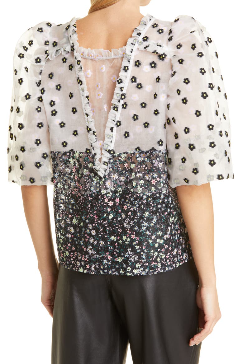 Cadi Floral Print Puff Sleeve Semisheer Top, Alternate, color, BLACK