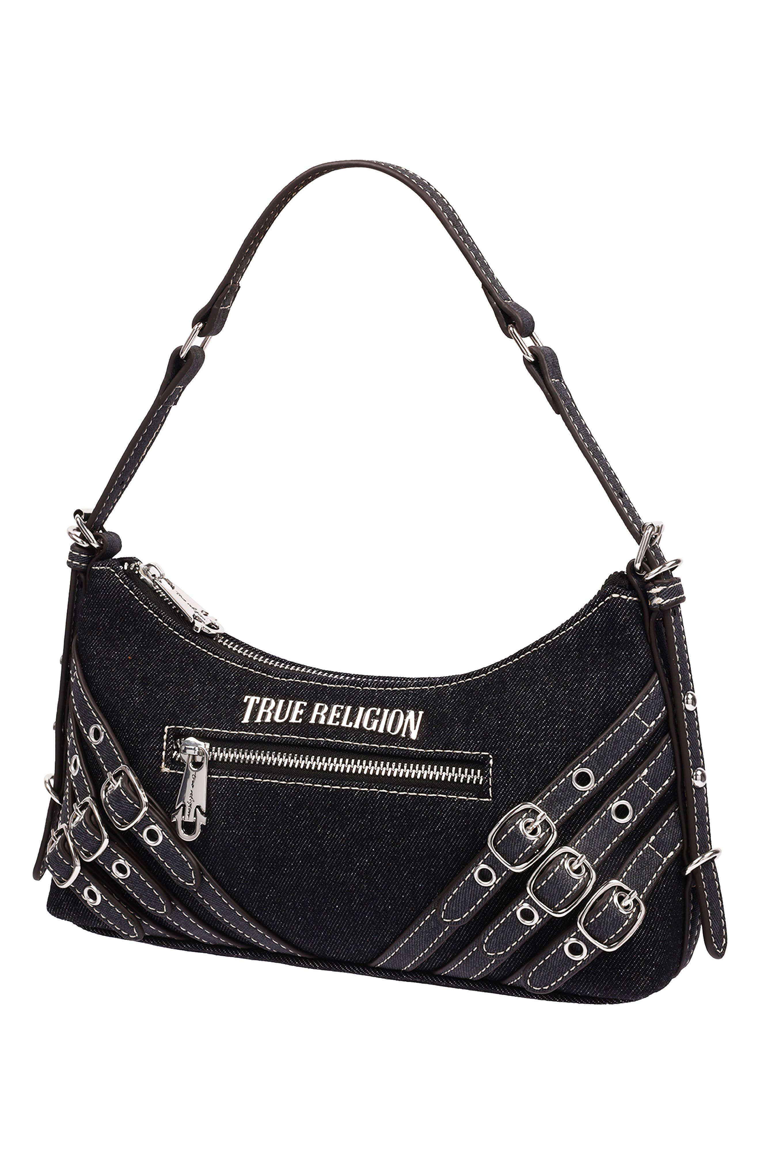 Triple Straps Denim Shoulder Bag, Alternate, color, BLACK