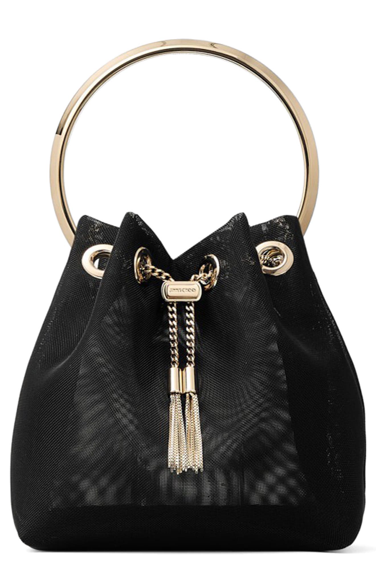 Jimmy Choo Bon Bon Mesh Top Handle Pouch, Main, color, Black/ Light Gold