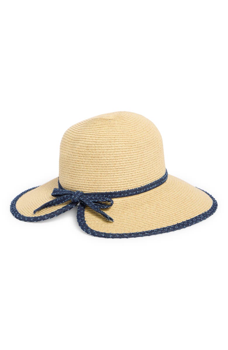 Nine West Denim Bow Straw Hat, Alternate, color,