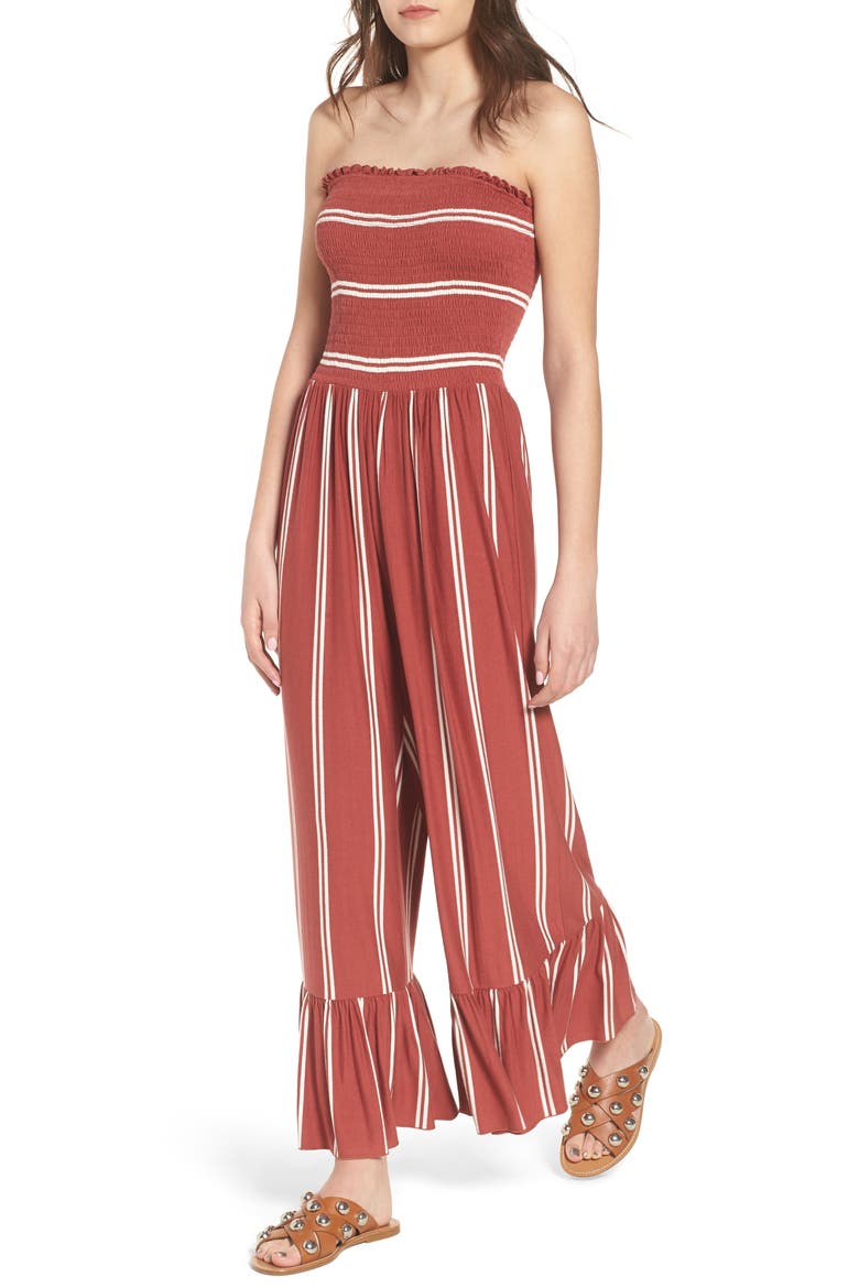 Smocked Ruffle Hem Jumpsuit, Main, color, RUST MARSALA SUH STRIPE