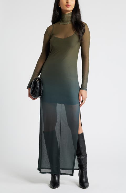 Ombré Long Sleeve Mesh Maxi Dress