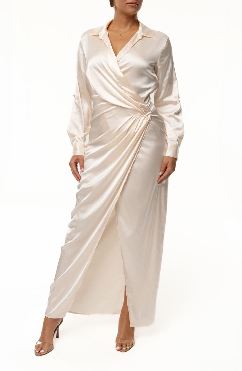 JLUXLABEL Front Wrap Long Sleeve Satin Maxi Dress, Alternate, color, White