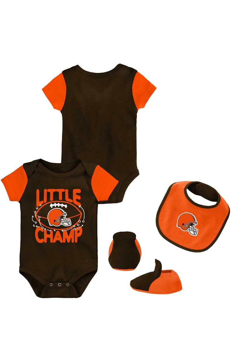 Outerstuff Newborn & Infant Brown/Orange Cleveland Browns Little Champ Three-Piece Bodysuit Bib & Booties Set, Alternate, color, Brown