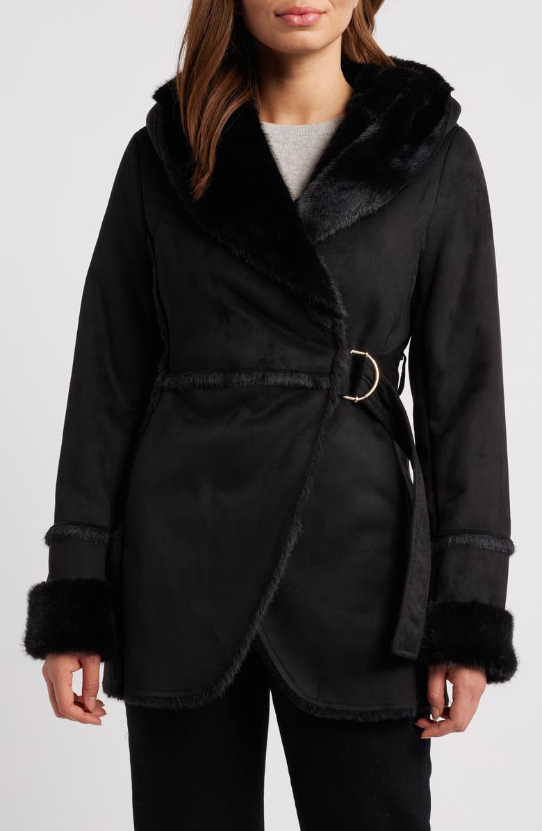 Via Spiga Faux Shearling Hooded Coat, Main, color, 
