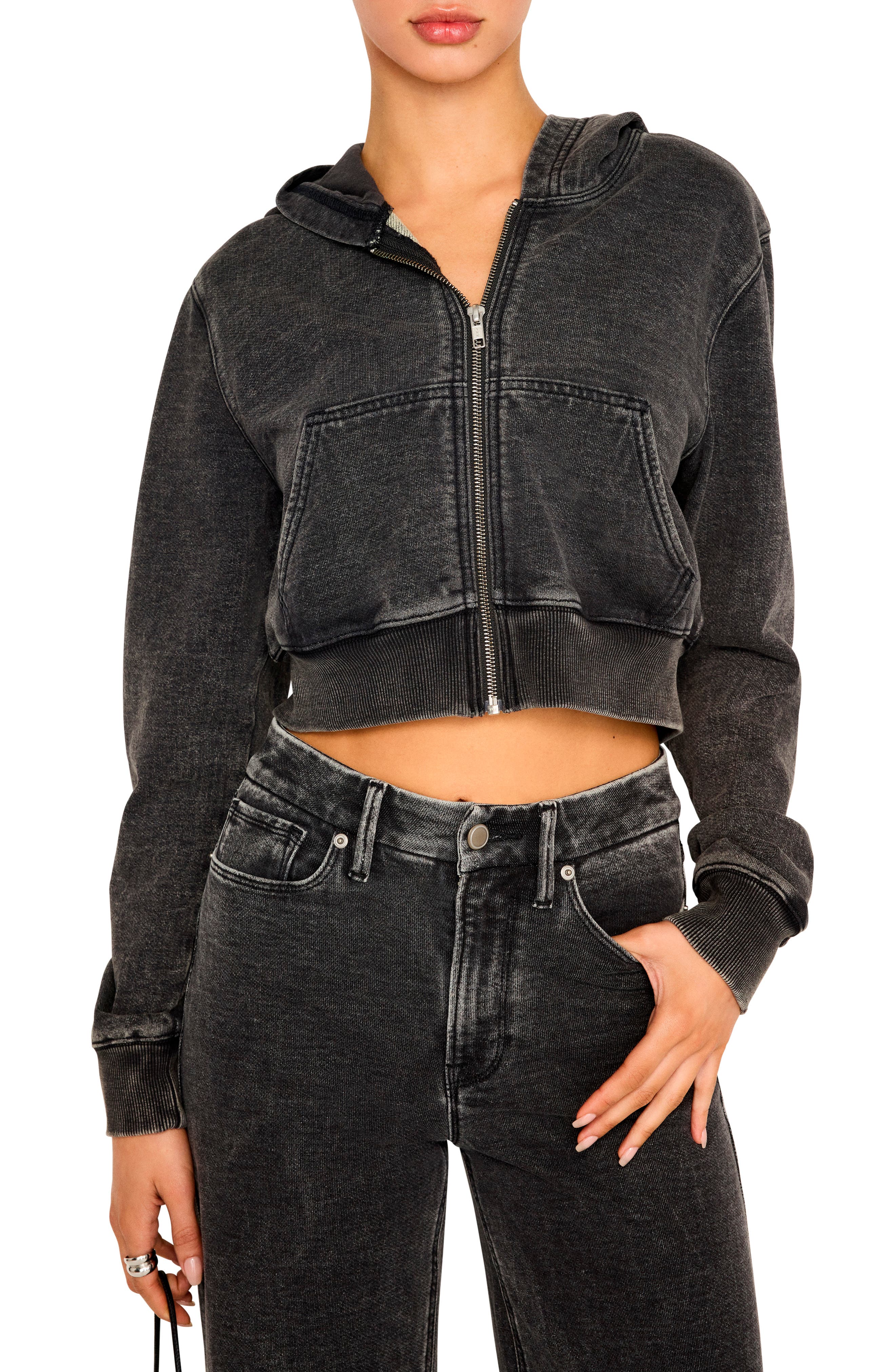 Good American Jeanius Shrunken French Terry Zip Hoodie