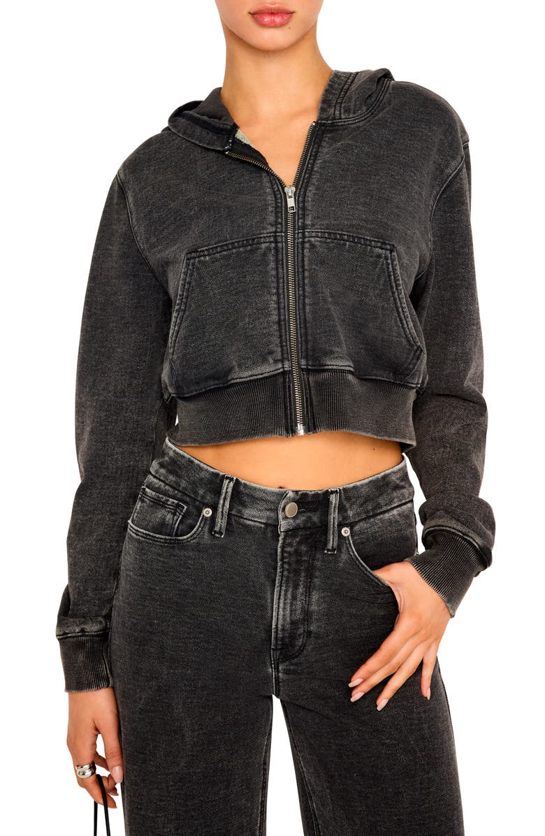 Good American Jeanius Shrunken French Terry Zip Hoodie, Main, color, Black322