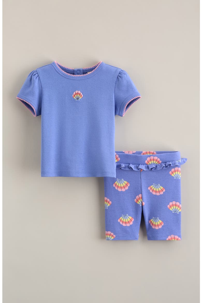 Puff Sleeve Cotton T-Shirt & Ruffle Shorts Set, Main, color, BLUE SHELL- BLUE SEASHELLS