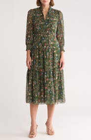 Vince Camuto Floral Long Sleeve Chiffon Midi Dress