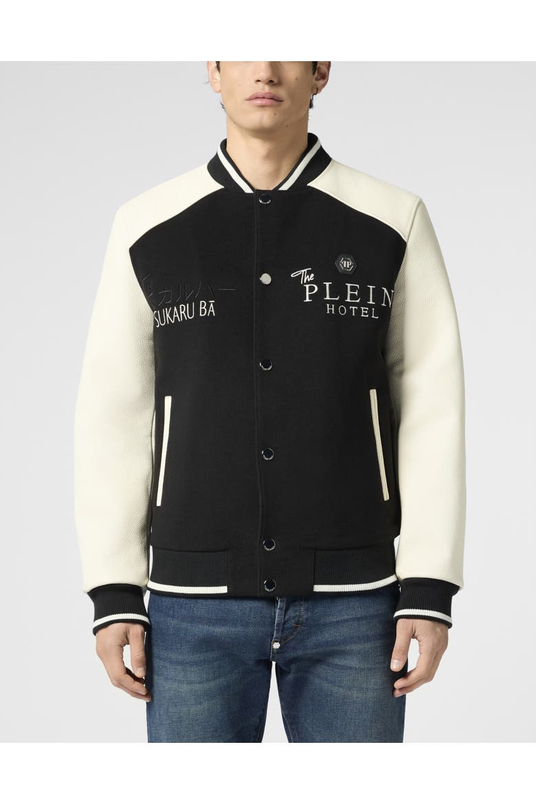 Wool &Amp; Leather Varsity Bomber Jacket Dragons Men, Main, color, black/white