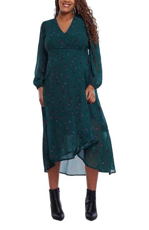 Puff Sleeve Ruffle Midi Maternity Dress