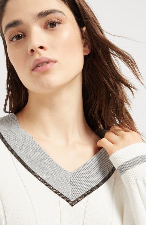 Brunello Cucinelli White T-shirt With V Neck And Monil Detail On The Collar In Panama
