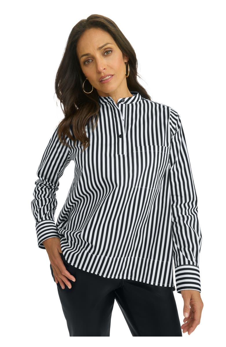 Jessica London Poplin Hi-Low Henley Tunic, Main, color, Black White Feeder Stripe