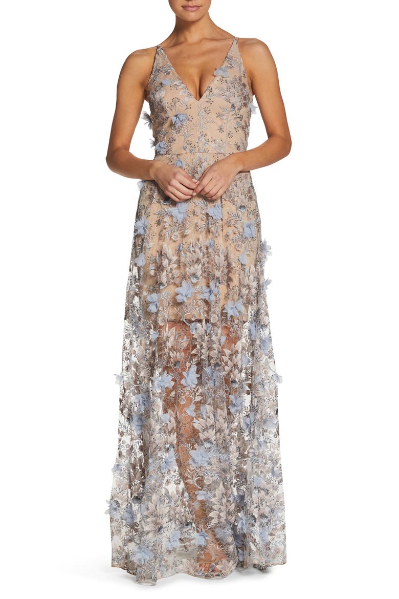 Sidney Deep V-Neck 3D Lace Gown, Main, color, MINRL BLUE FLRL