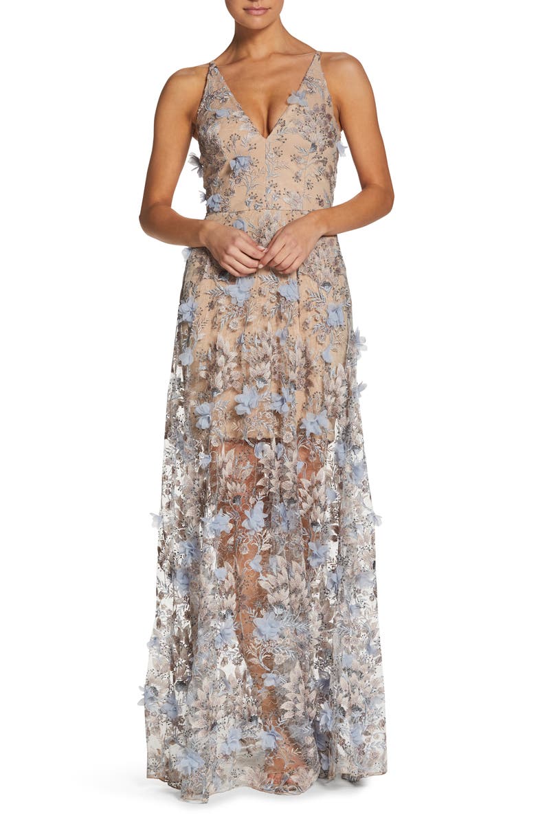 Dress the Population Sidney Deep V-Neck 3D Lace Gown, Main, color, Minrl Blue Flrl