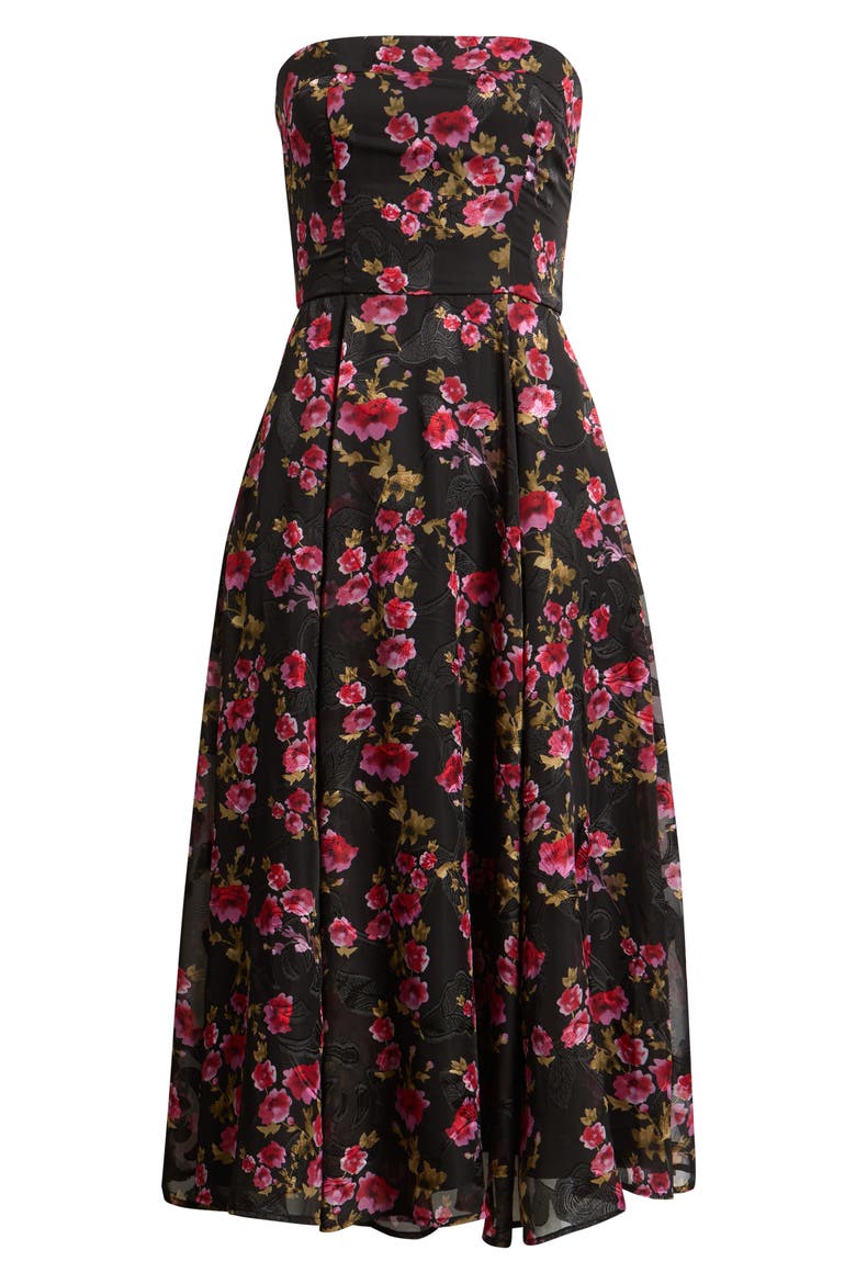 Elena Floral Strapless Cocktail Midi Dress, Alternate, color, BLACK FLORAL MULTI