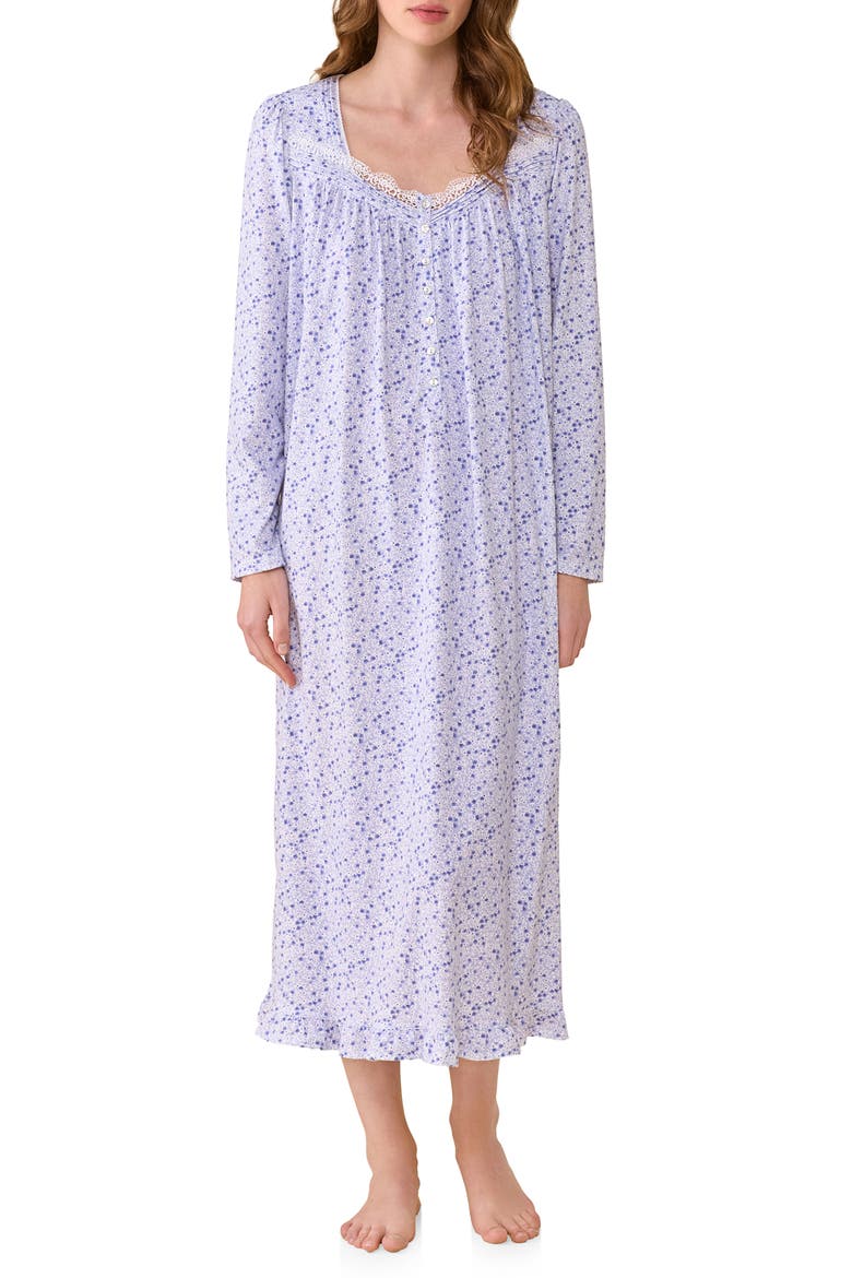 Floral Lace Trim Long Sleeve Nightgown, Main, color, BLUE/FLORAL