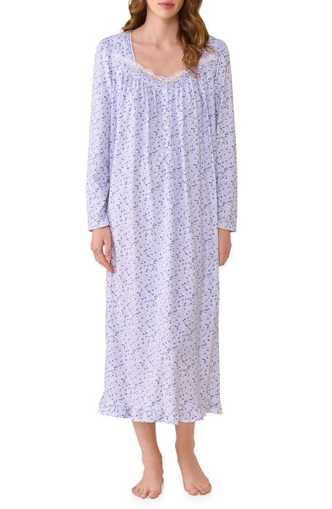 Floral Lace Trim Long Sleeve Nightgown